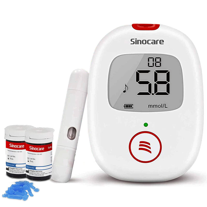 sinocare Blood Sugar Monitor, Diabetes Testing Kit with Voice Reminder and Light Warning Blood Glucose Monitor with Test Strips x 50 and Lancets x 50 & Case, Safe AQ Voice Glucometer -in mmol/L Test Kit - Voice - NewNest Australia