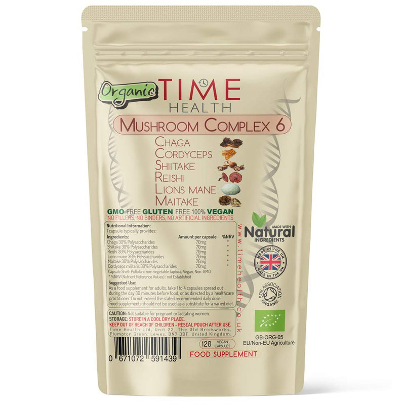 Mushroom Complex 6 Organic – High Strength 30% Polysaccharides - Chaga, Cordyceps, Shiitake, Reishi, Lions Mane, Maitake - UK Manufactured (120 Capsule Pouch) - NewNest Australia