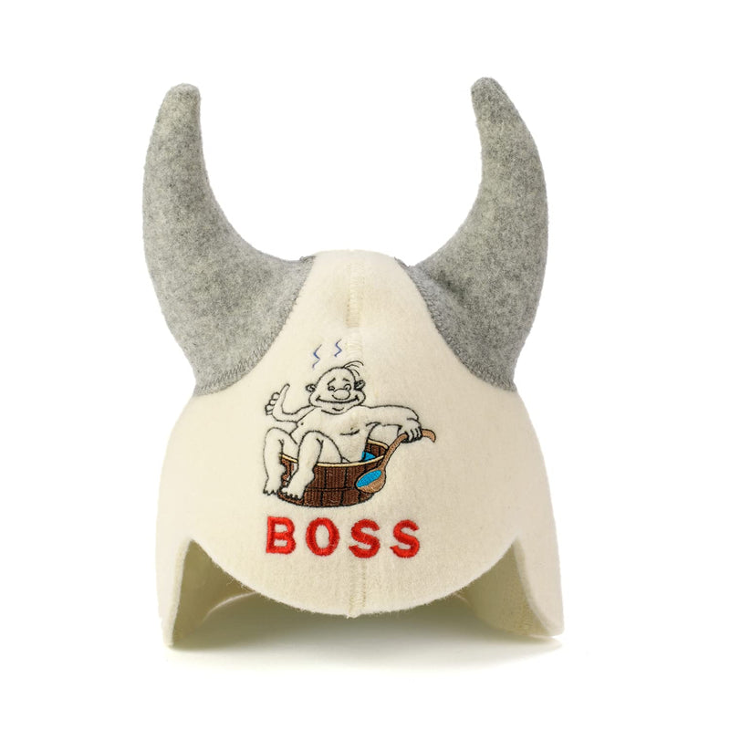 Natural Textile Sauna Hat 'Sauna Boss Devil' White - 100% Organic Wool Felt Hats for Russian Banya - Protect Your Head from Heat - English Sauna eBook Guide Included - with Embroidery - NewNest Australia