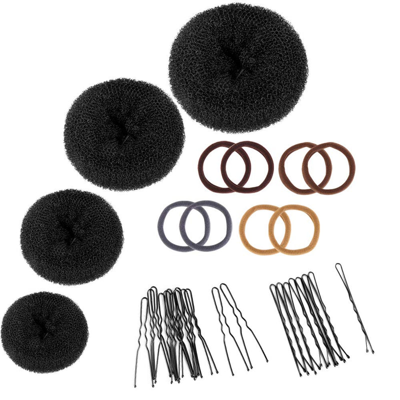 Donut Hair Bun Maker Set, Zingso 4 Pcs Women Girls Hair Accessories Ring Style Mesh Donut Hair Bun Shaper Maker Set with Hair Elastic Bands, Hair Pins for Dance Ballet Chignon (Black) Black - NewNest Australia