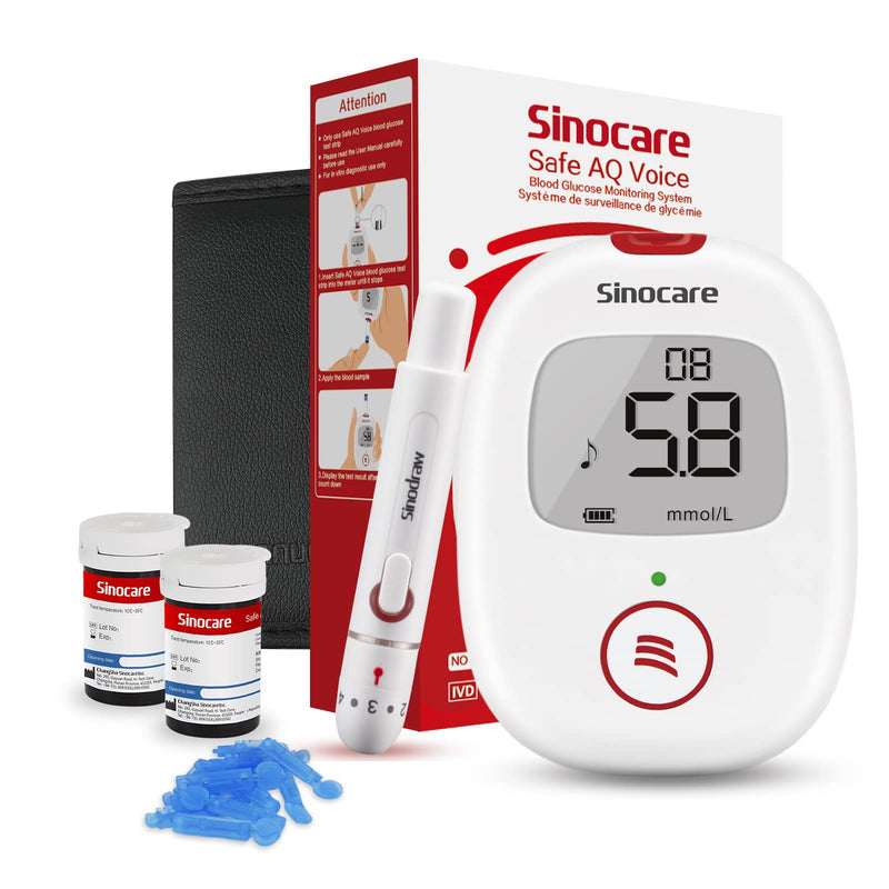sinocare Diabetes Testing Kit / Blood Glucose Monitor Safe AQ Voice / Glucometer with Voice Reminder and Light Warning, with Blood Sugar Test with Strips x 50 & Case -in mmol/L Safe AQ Voice glucose kit x50 - NewNest Australia