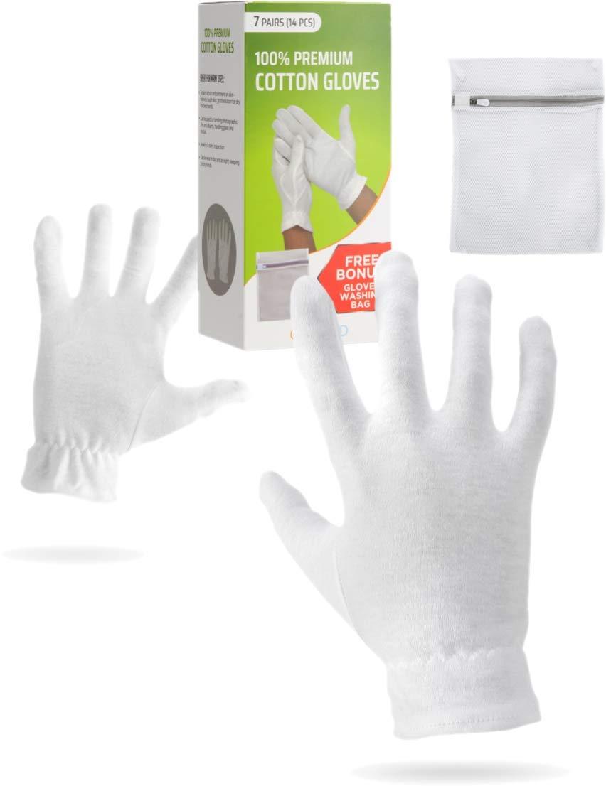 Moisturizing Gloves OverNight Bedtime Cotton | Cosmetic Inspection Premium Cloth Quality | Eczema Dry Sensitive Irritated Skin Spa Therapy Secure Wristband (7 Pairs) 7 Count (Pack of 1) - NewNest Australia