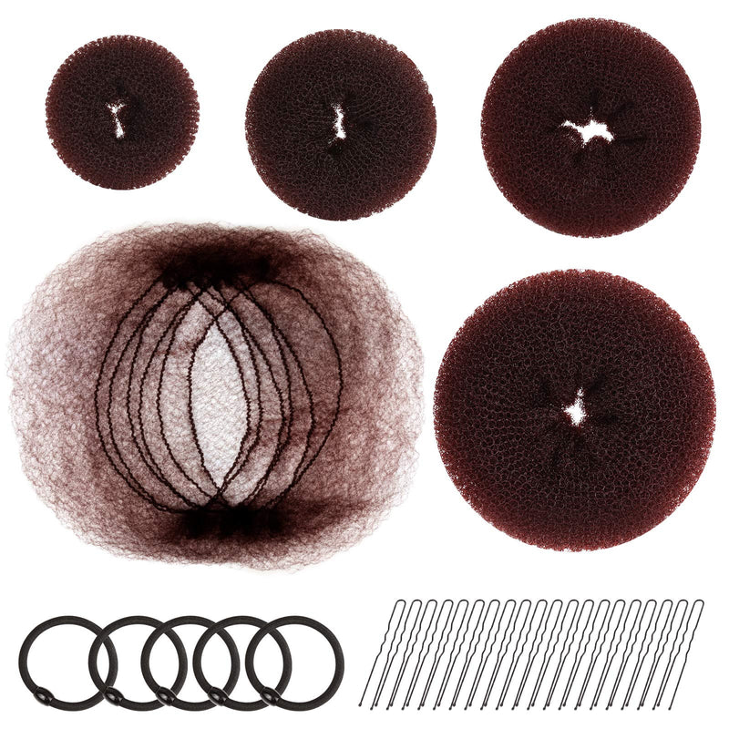 FANDAMEI Hair Donut Bun Maker, Girls Hair Styling kit with 20 Pieces Invisible Hair Nets for Bun, 4pcs Donut Bun Maker, 5 pieces Hair Elastic Bands, 20 pieces Hair Bobby Pin, Brown - NewNest Australia