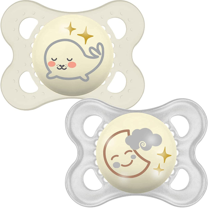 MAM Latex Night Soothers 0 Months+ (Pack of 2), Glow in the Dark Baby Soothers with Self Sterilising Travel Case, Newborn Essentials, Grey, (Designs May Vary) - NewNest Australia