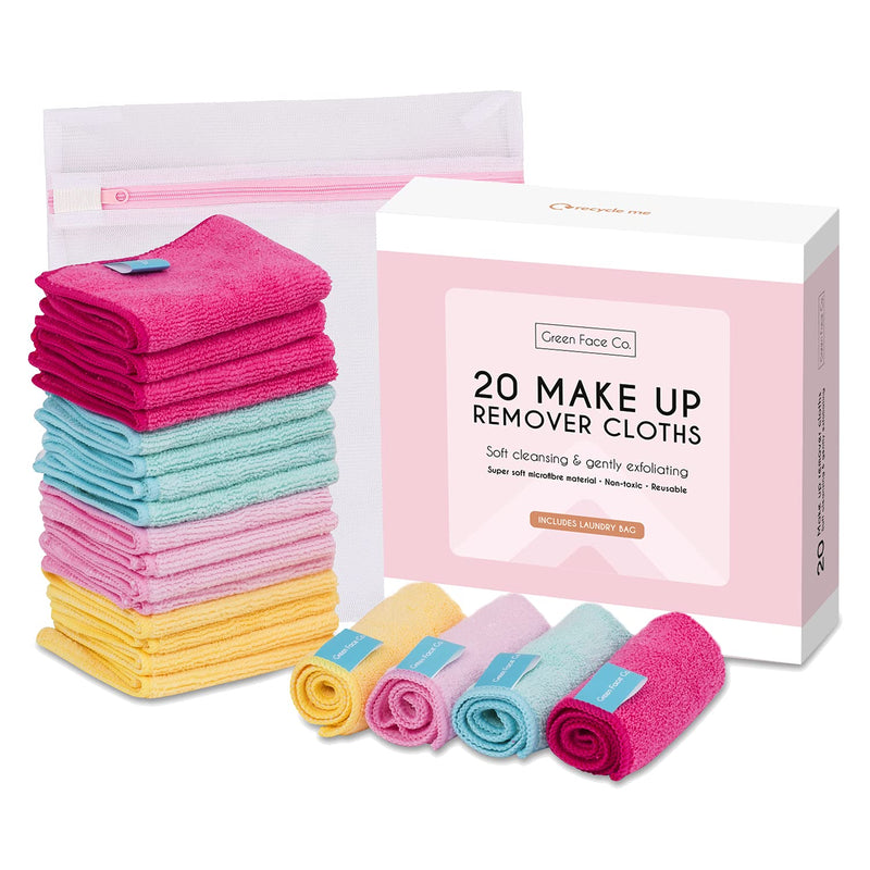20 x Microfibre Makeup Remover Wipes with Laundry Bag by Green Face Co | Reusable Soft Facial Cloths for Beauty Routine | Great Make Up Removing Towel or Cleansing Cloth - NewNest Australia