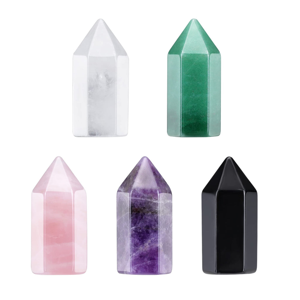 JOVIVI 5pc 50-55mm Amethyst Crystal Rose Clear Quartz Crystal Points Green Aventurine Black Obsidian Gemstone Hexagonal Wands 6 Faceted Prism Treatment Stone for Gua Sha Tool, Grids, Reiki Chakra 5pcs Set - NewNest Australia