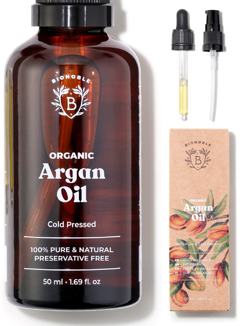 Bionoble Organic Argan Oil 50ml - 100% Pure, Natural and Cold Pressed - for Hair, Face, Body, Beard, Nails - Vegan and Cruelty Free - Glass Bottle + Pipette + Pump 50 ml (Pack of 1) - NewNest Australia