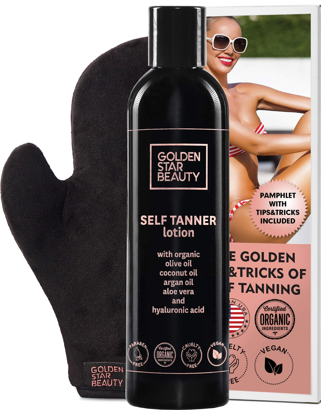 Self Tanner with Tanning Mitt - Sunless Tanning Lotion with Organic Oils Gradual Body Bronzer for Light or Medium Tan, 236 ml Lotion with Mitt - NewNest Australia