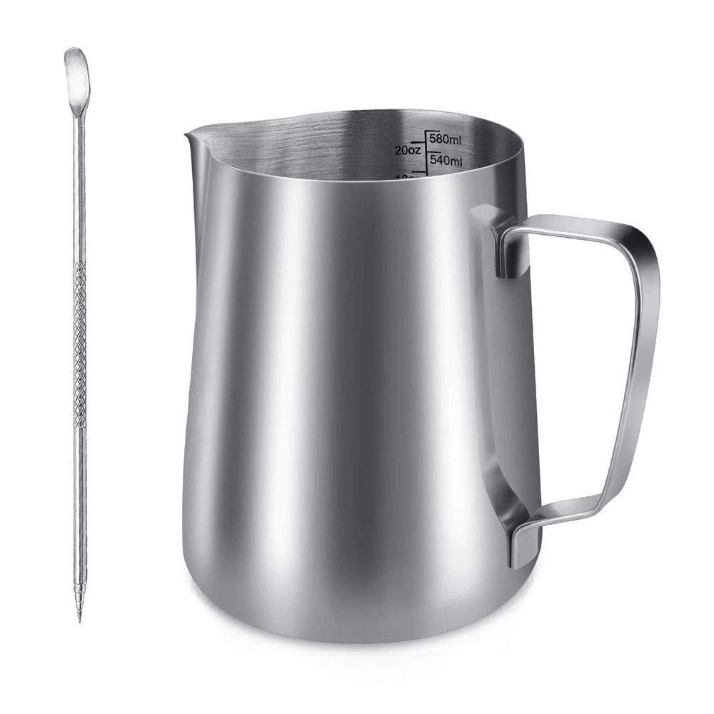 Milk Pitcher Milk Frothing Jug, YOCZOX 600 ml Stainless Steel Jug Cup Barista Milk Jug Cafe Latte Maker with Art Latte Decorating Art Pen for Barista Cappuccino Espresso Machine Coffee - 21 oz 600ml - NewNest Australia