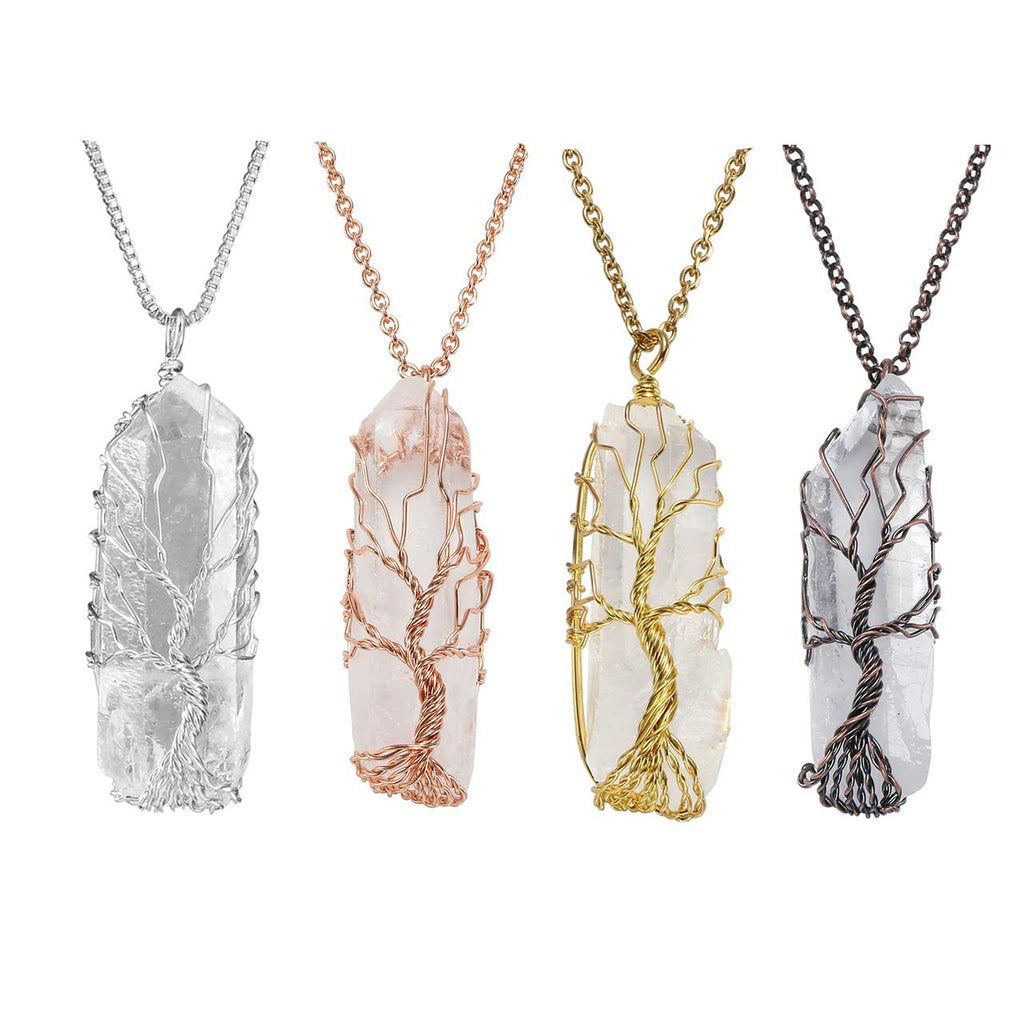 JOVIVI Handmade Tree of Life Wire Wrapped Pendant Natural Clear Quartz Crystal Points Chakra Necklaces Reiki Healing Rock Raw Gemstone Balancing Jewellery 4pc Set - NewNest Australia