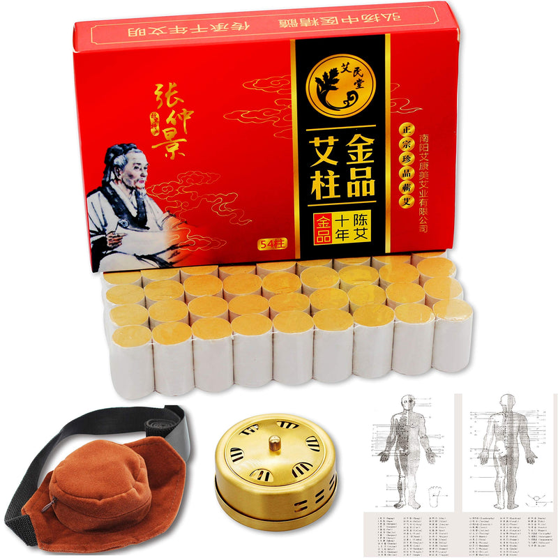 10-Years Purity 60:1 Ratio 54 Rolls Sticks Pure Moxibustion + 1 Copper Portable Smokeless Mugwort Moxibustion Moxa Box Round Shape Burner+1 Acupoint Map Acupuncture With Copper Burner - NewNest Australia