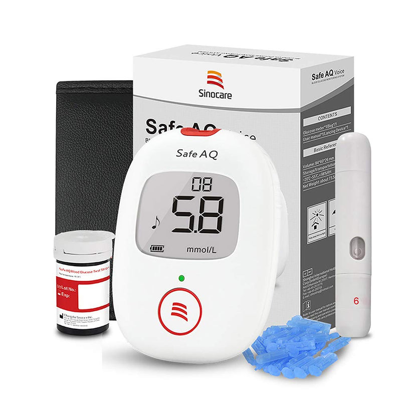 sinocare Blood Sugar Monitor, Diabetes Testing Kit with Voice Reminder and Light Warning Blood Glucose Monitor with Test Strips x 25 and Lancet x 25 & Case, Safe AQ Voice Glucometer -in mmol/L Safe Aq Voice Glucometer Kit X25 - NewNest Australia