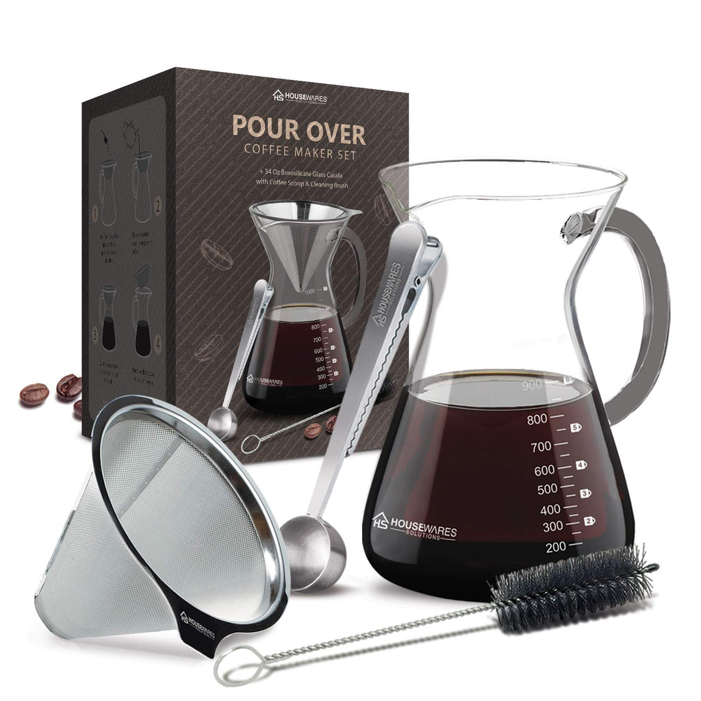 Pour Over Coffee Maker Set - 34 oz Glass Carafe, Stainless Steel Filter with Coffee Scoop and Cleaning Brush - NewNest Australia