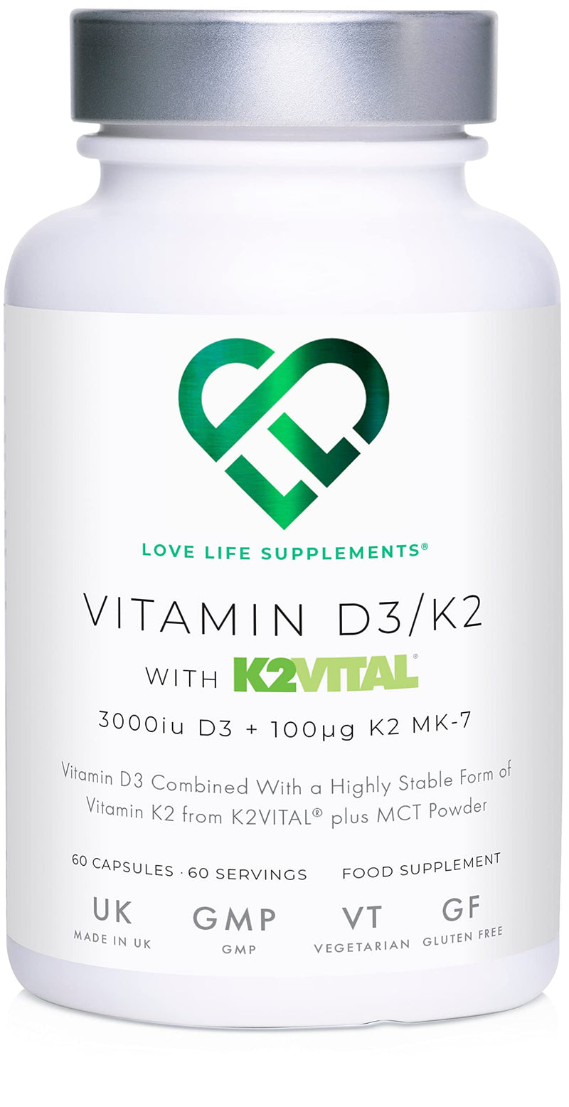Vitamin D3 + K2 MK-7 (K2VITAL® - Superior Form of K2) by LLS | 60 Capsules | 3000iu D3 + 100μg K2 MK-7 | Includes MCT Powder for Increased Absorption | Love Life Supplements - Premium UK Supplements - NewNest Australia