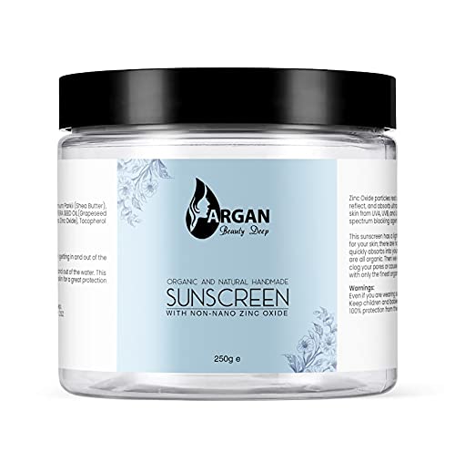 ARGAN BEAUTY DEEP Organic Sunscreen 250g - Handmade Natural Sunscreen with Non Nano Zinc Oxide Waterproof Reef Safe Broad Spectrum Sunscreen Protects Skin from Suns harmful rays - NewNest Australia