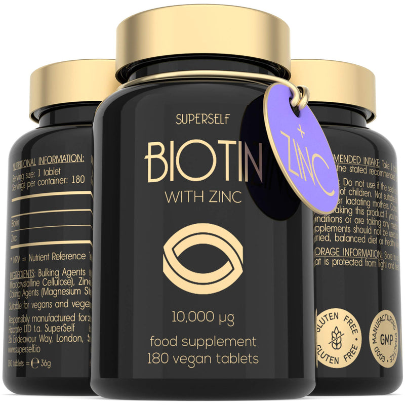 High Strength Biotin Tablets with Zinc - 10000mcg Biotin Tablets for Hair Nails & Skin - 6 Months Supply 180 Capsules 10 000mcg - UK Made & Vegan - Natural Supplement B7 Vitamins for Men and Women - NewNest Australia