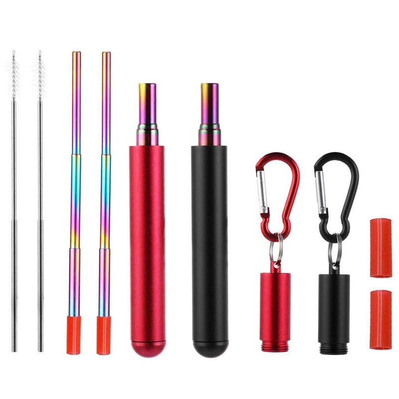 RZJZGZ 2 Pack Telescopic Reusable Straw, Collapsible Stainless Steel Straws, Portable Metal Drinking Straws with Aluminum Key-Ring Case & Cleaning Brush for Travel, Home, Work (Black and Red) Black and Red - NewNest Australia