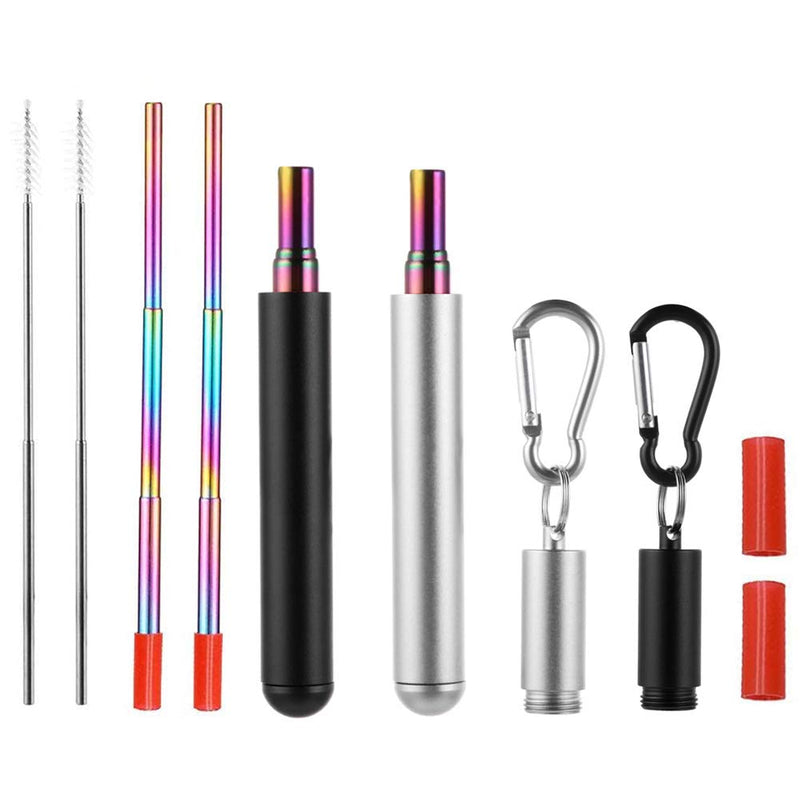 RZJZGZ 2 Pack Telescopic Reusable Straw, Collapsible Stainless Steel Straws, Portable Metal Drinking Straws with Aluminum Key-Ring Case & Cleaning Brush for Travel, Home, Work (Black and Silver) Black and Silver - NewNest Australia
