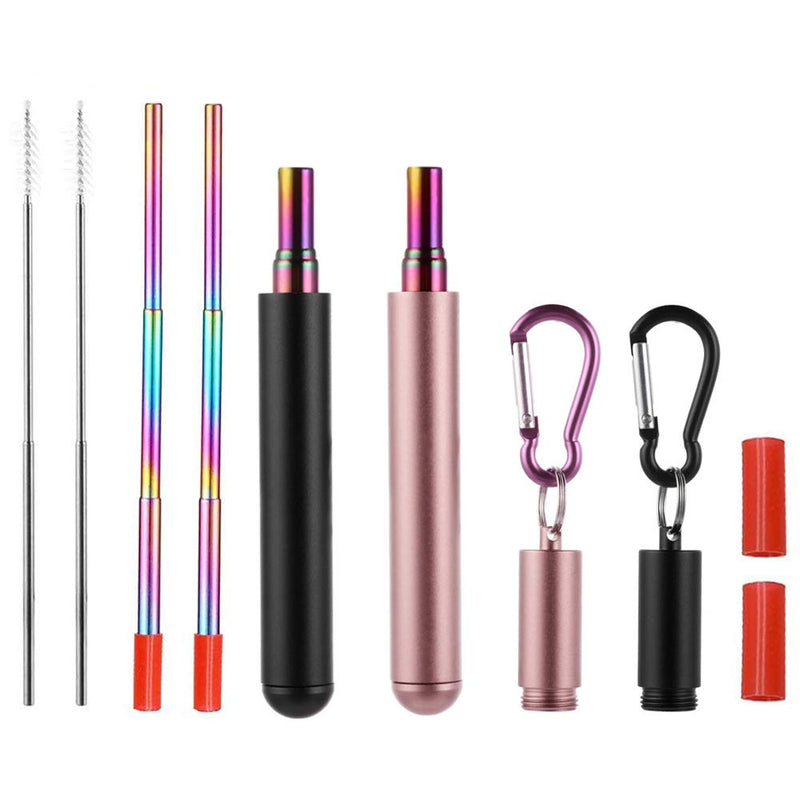 RZJZGZ 2 Pack Telescopic Reusable Straw, Collapsible Stainless Steel Straws, Portable Metal Drinking Straws with Aluminum Key-Ring Case & Cleaning Brush for Travel, Home, Work (Black and Rose Gold) Black and Rose Gold - NewNest Australia