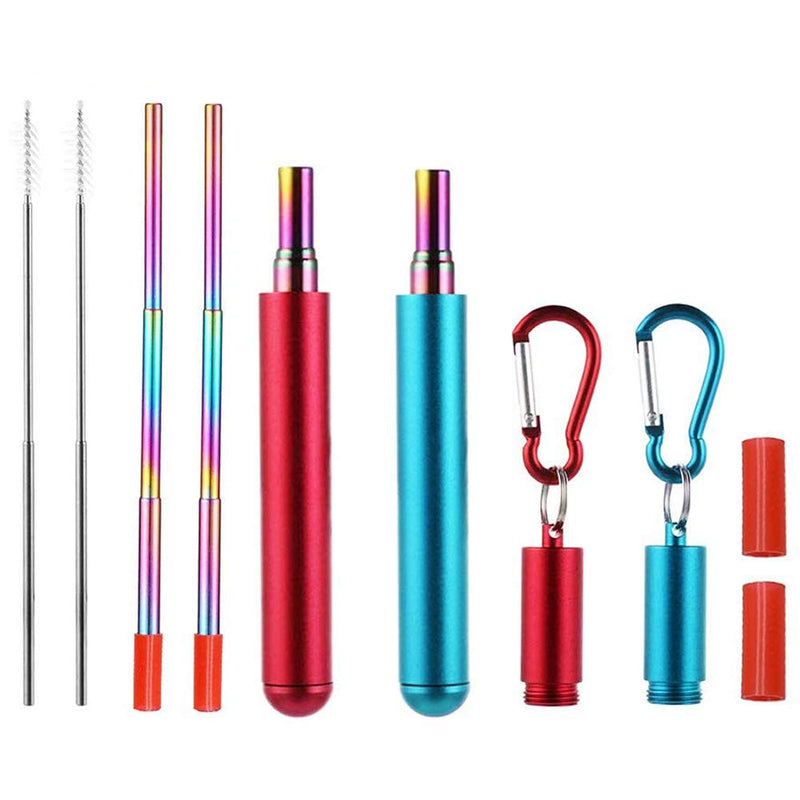 RZJZGZ 2 Pack Telescopic Reusable Straw, Collapsible Stainless Steel Straws, Portable Metal Drinking Straws with Aluminum Key-Ring Case & Cleaning Brush for Travel, Home, Work (Red and Blue) Red and Blue - NewNest Australia