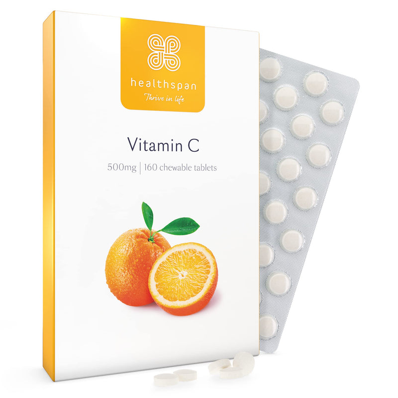 Healthspan Vitamin C 500mg (160 Chewable Tablets) | Supports Immune & Nervous Systems | Boosts Energy Levels & Psychological Function | Added Natural Citrus Bioflavonoids | Free of Aspartame | Vegan - NewNest Australia