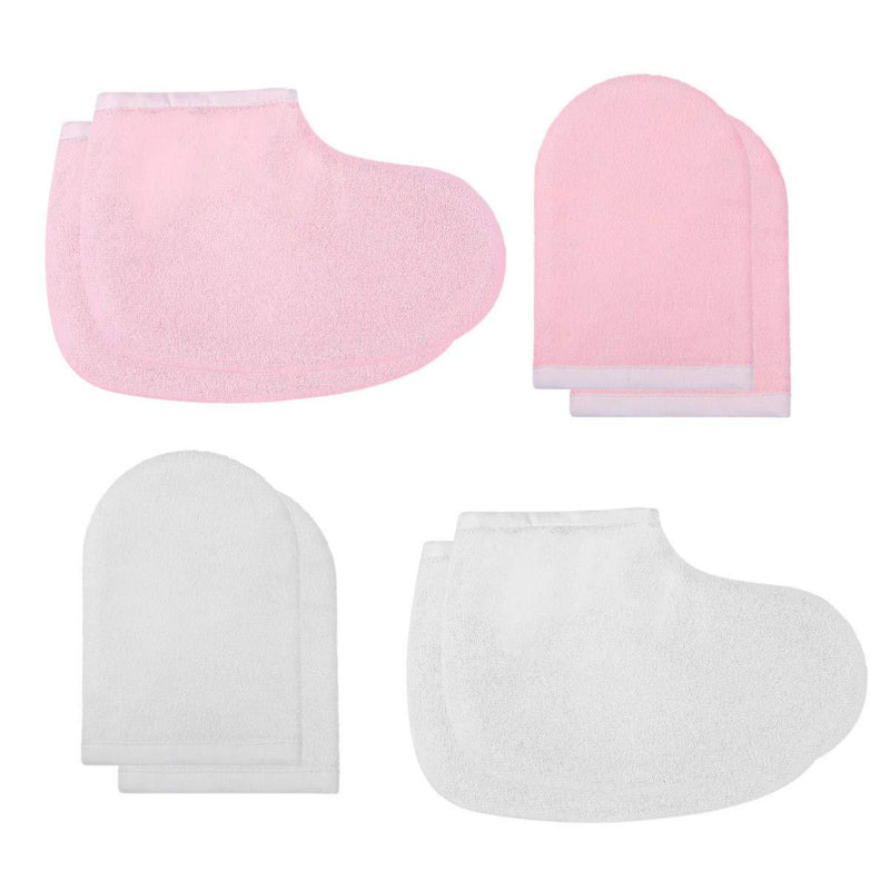 Lurrose Paraffin Wax Gloves and Booties Set 4 Pairs Terry Cloth Mitts Booties Moisturizing Spa Accessories for Hand Foot Care (Pink and White) - NewNest Australia