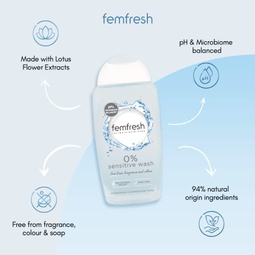 Femfresh 0% Sensitive Intimate Wash - Feminine Hygiene Shower & Bath Gel Cleanser - pH Balanced, Soap Free, Fragrance Free Vegan Formula - w. Purifying Lotus Flower Extract to Soothe & Protect - 250ml - NewNest Australia