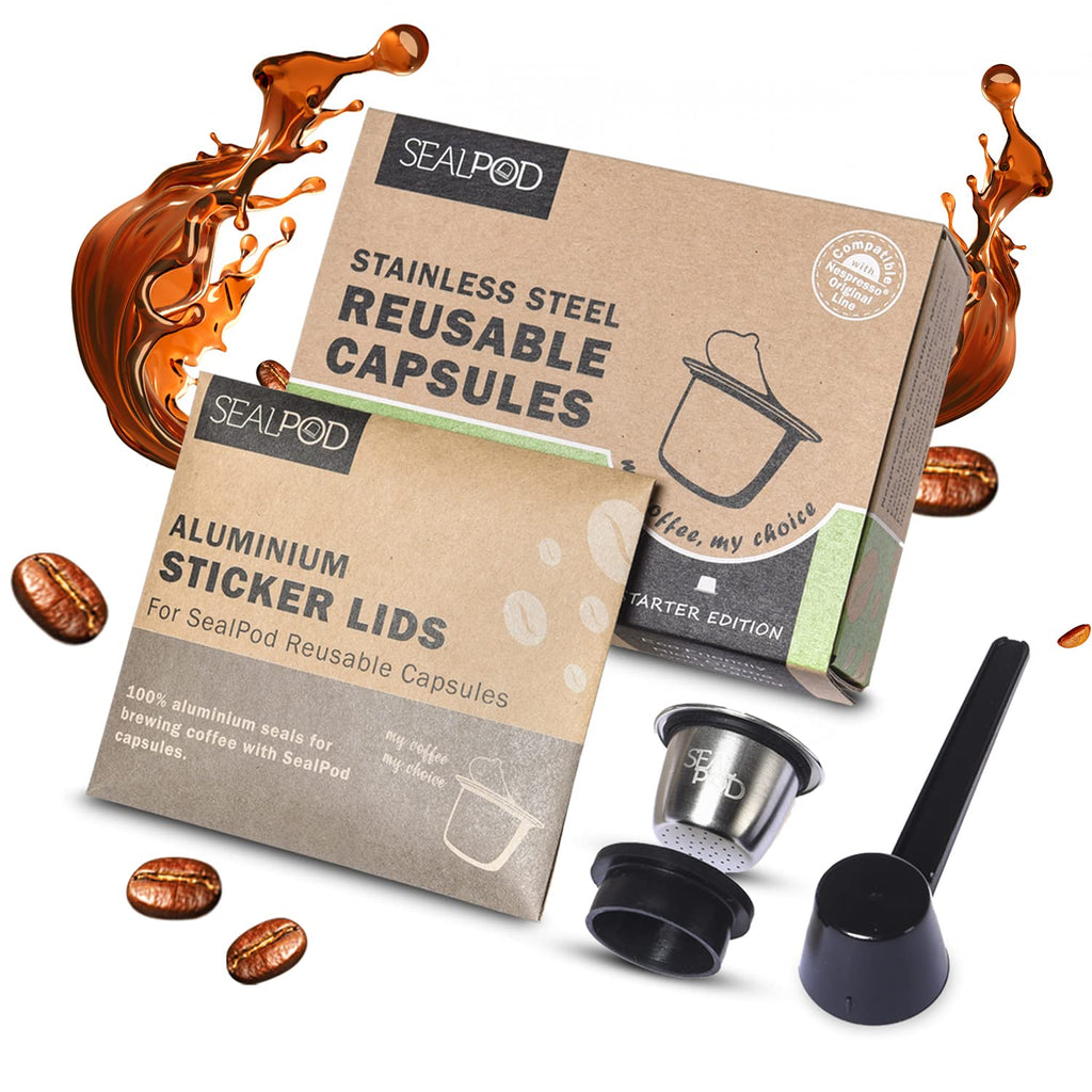 SEALPOD Reusable Nespresso Capsule, Refillable Pod Compatible with Nespresso Original Line Machine, Durable Stainless Steel, Come with Fresh Cover - Starter Pack [1 POD, 100 LIDs] 1 Pod, 1 Cover, 100 Lids - NewNest Australia