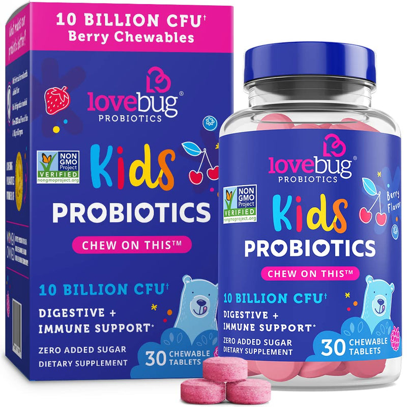 LoveBug Probiotics for Kids Immune Support, 10 Billion CFU & 6 Strains, 30 Natural Berry Flavored Chewable Tablets, Probiotic Supplement for Digestive & Immune Health, Allergen Friendly. - NewNest Australia
