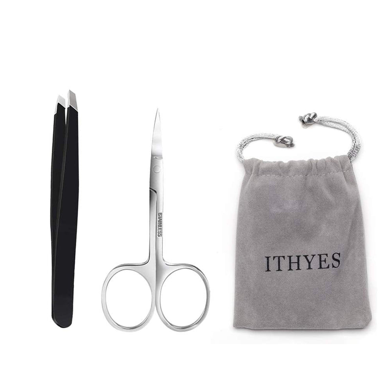 Ithyes Complete Tweezer Set 2 PCS Slant Tip Tweezer Stainless Steel Tweezers Eyebrow Trimmer Scissor for Shape Precision Ingrown Hair Nose Hair Blackhead Tick Remover,Black - NewNest Australia