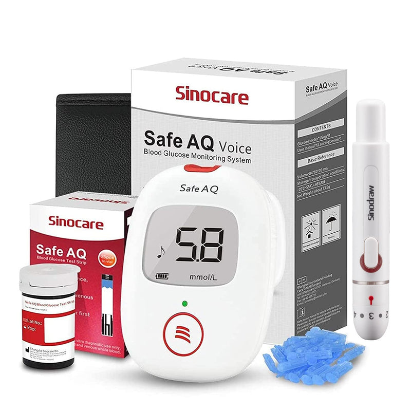 sinocare Diabetes Testing Kit/Blood Glucose Monitor Safe AQ Voice/Glucometer with Voice Reminder and Light Warning/Blood Sugar Test with Strips x 25 & Case -in mmol/L Safe AQ Voice glucose kit x25 - NewNest Australia