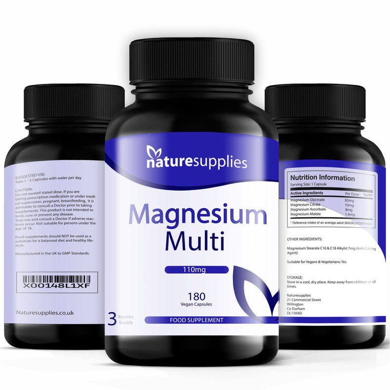 Naturesupplies Magnesium Multi Capsules 180 Pack Made in UK, High Absorption 4 Magnesium Powders in One Capsule, Citrate, Malate, Ascorbate & Bis-Glycinate - NewNest Australia