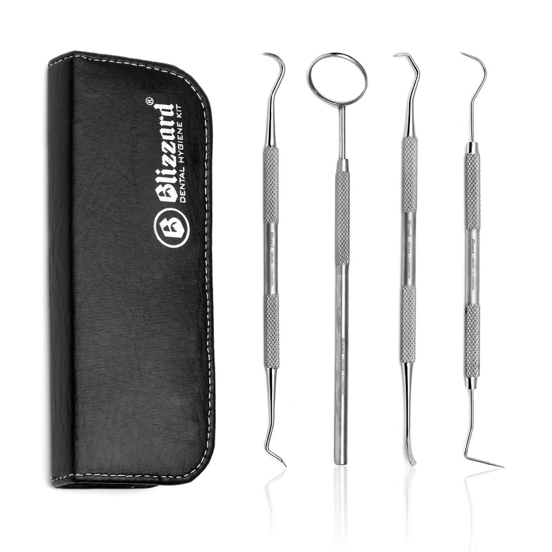 Dental Tools by Blizzard – 4 Piece Plaque Remover Set with Mirror, Periodontal Instrument, Sickle Scalar and Dual-end Probe and Scalar - German Forged Instruments - Hospital Grade 4-Pcs Kit - NewNest Australia