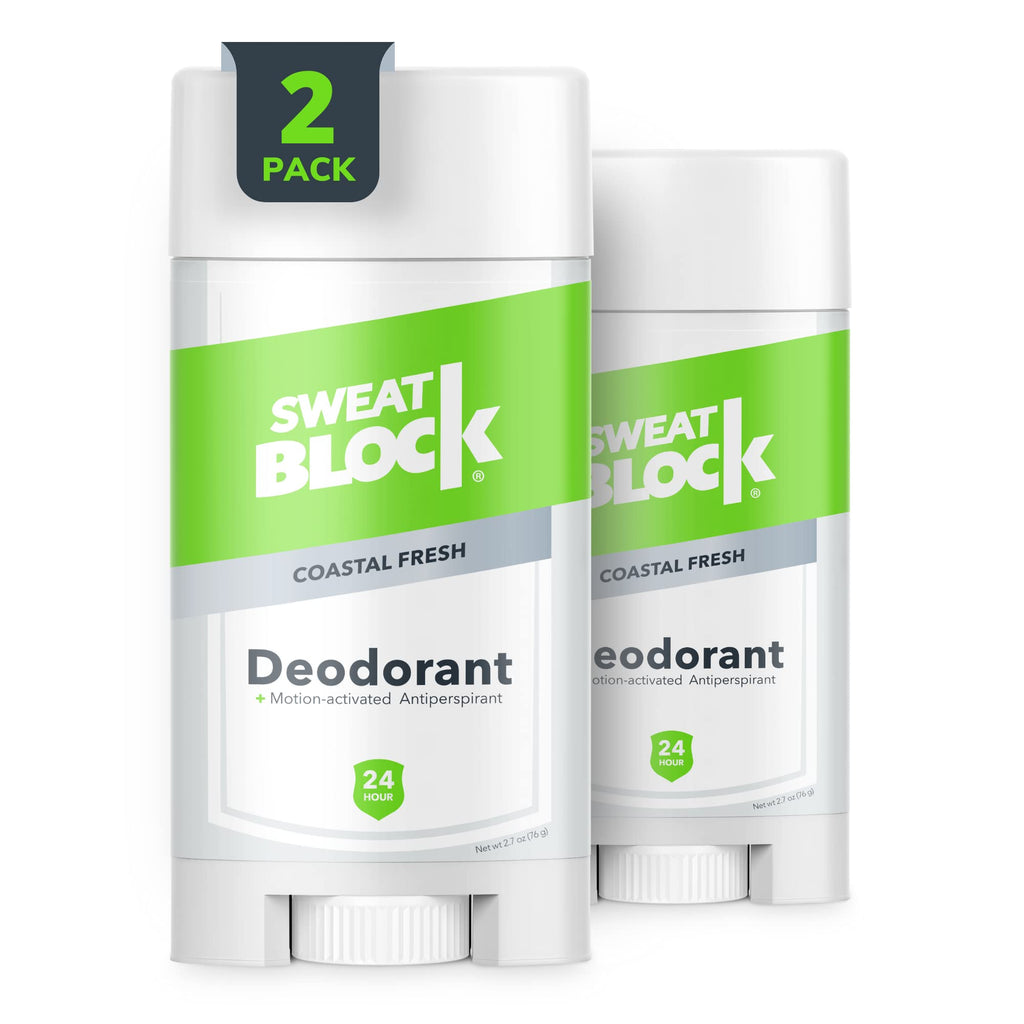 SweatBlock [AM] Deodorant Antiperspirant for Men & Women - Daily Sweat & Odor Protection - Easy, Clean, Smooth Glide - Dermatologist Tested - Coastal Fresh Scent, 2.7oz Stick (Daily Strength 2 Pack) - NewNest Australia