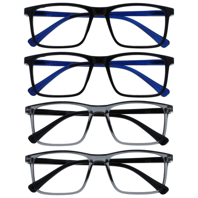 Opulize Ink 4 Pack Reading Glasses Large Black Grey Mens Womens Spring Hinges RRRR4-1177 +1.00 +1.00 Magnification Black Front Blue Arms / Grey Front Black Arms - NewNest Australia