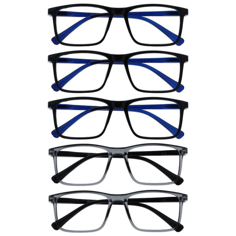Opulize Ink 5 Pack Reading Glasses Large Black Grey Mens Womens Spring Hinges RRRRR4-11177 +3.00 L (Pack of 5) Black Front Blue Arms / Grey Front Black Arms - NewNest Australia