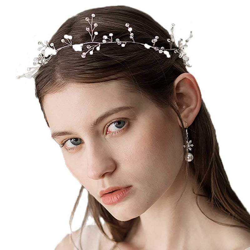 IYOU Bridal Wedding Hair Vines Silver Crystal Bride Headpieces Pearl Headband Leaves Hair Accessories for Women and Girls - NewNest Australia