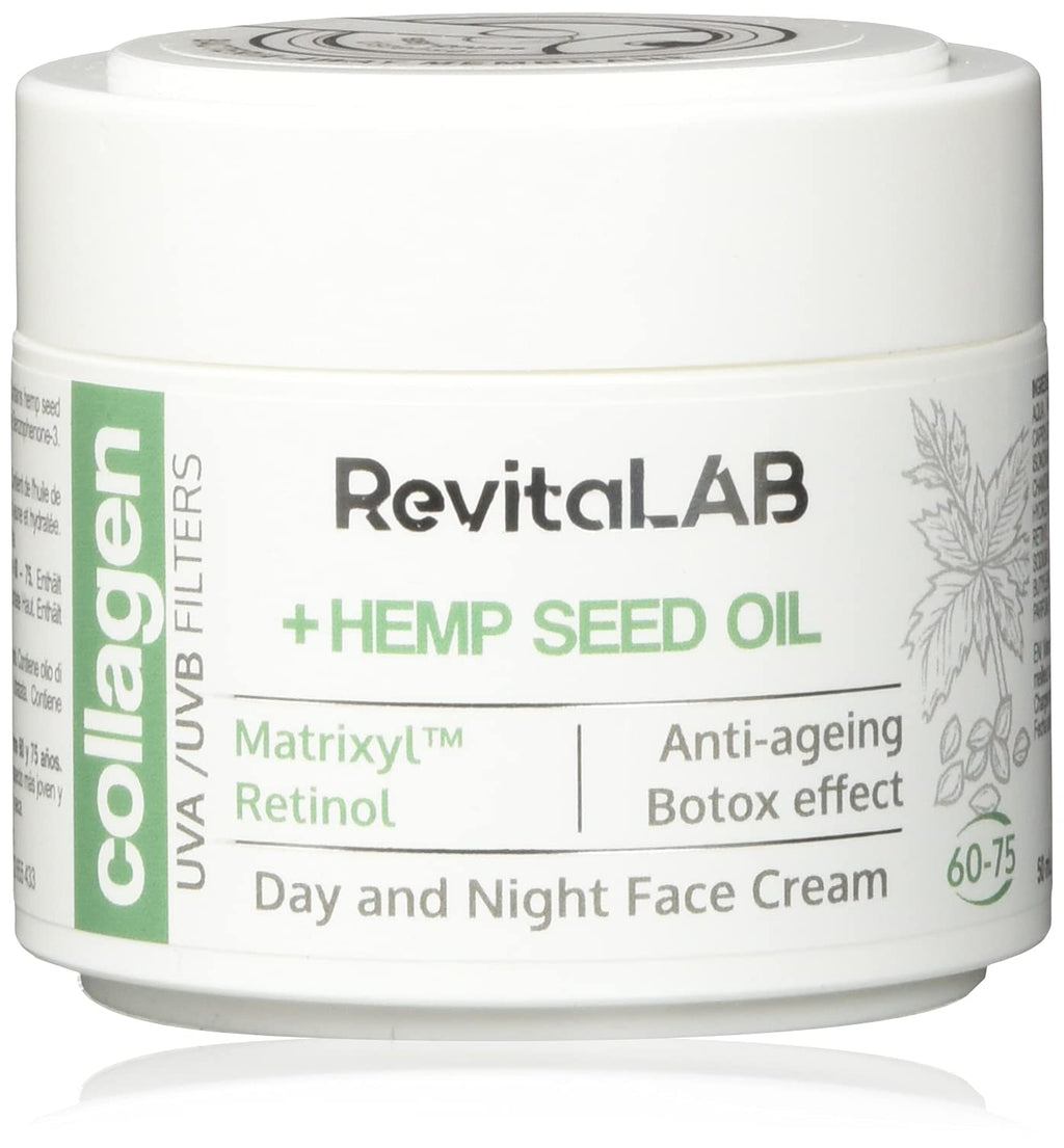 RevitaLAB Day and Night Collagen Anti-Ageing Moisturiser, Enriched with Hyaluronic Acid, Matrixyl® 3000, Hemp Seed Oil and a UVA/UVB Filter, for Ages 60 - 75, 50 ml (Multipack) 2 x 50ml - NewNest Australia