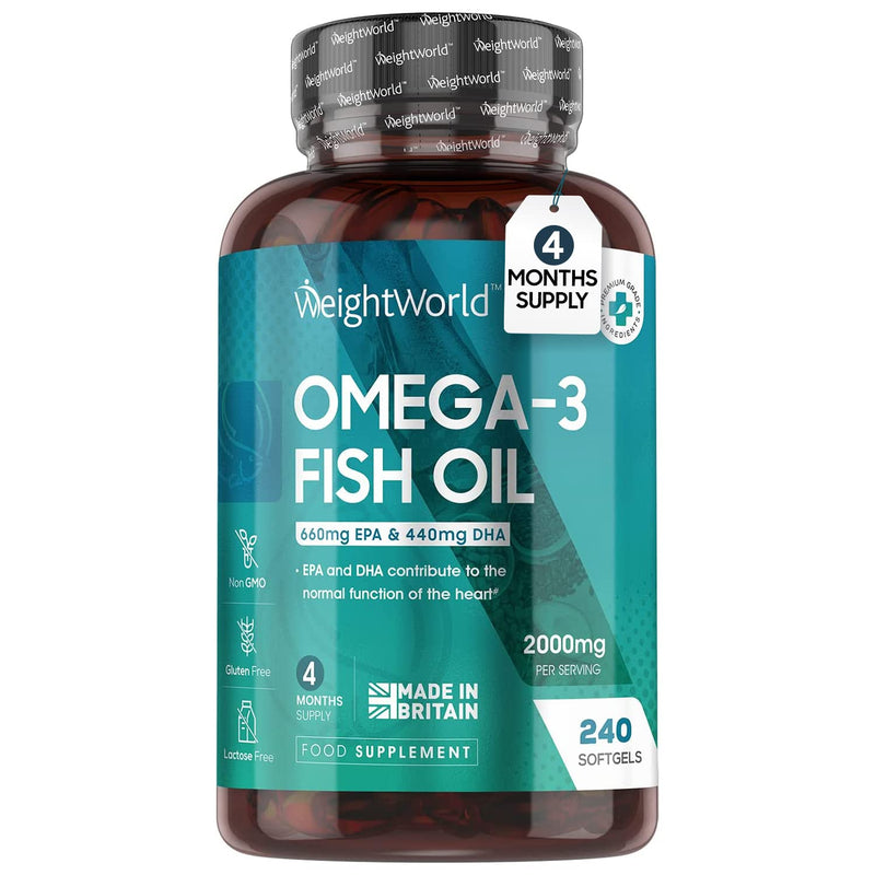 Omega 3 Fish Oil 2000mg - High Strength 660mg EPA & 440mg DHA Per Serving - 4 Month Supply (240 Omega 3 Capsules Softgel) - Pure Fish Oil Supplement - Easy to Swallow Fish Oil Omega 3 Softgel -UK Made - NewNest Australia