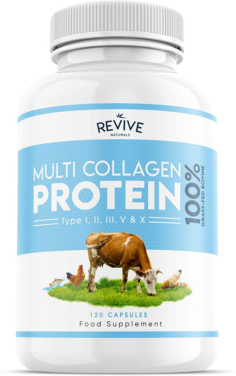 Multi Collagen Protein Capsules - Types I, II, III, V & X - Hydrolysed Grass Fed Bovine, Wild Caught Marine & Free-Range Chicken, Made with Hyaluronic Acid & Vitamin C, 120 Caps - NewNest Australia