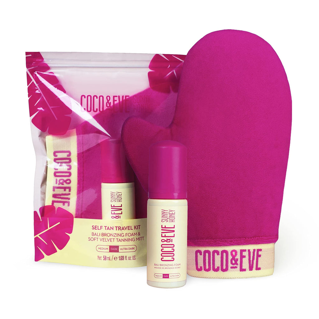 Coco & Eve Sunny Honey Deluxe Travel Tan Kit. Bali Bronzing Foam (Dark), Velvet Self Tanning Mitt and Travel Pouch. Natural Sunless Self Tanner Mousse. Anti Cellulite, Anti Aging - NewNest Australia