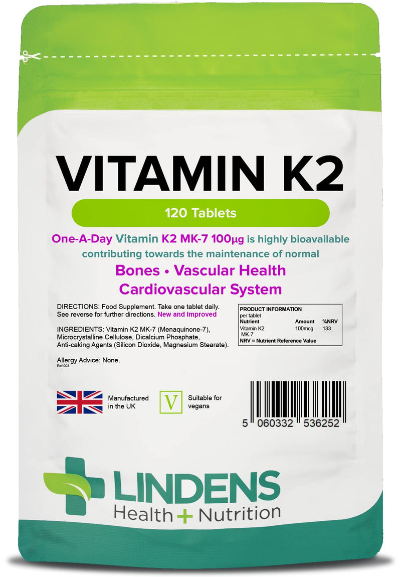 Lindens Vitamin K2 100mcg Tablets - 120 Pack Vegan and Vegetarian Tablets (not Capsules) - Menaquinon MK-7 - Supports Maintenance of Normal Bones - 133% NRV - UK Manufacturer, Letterbox Friendly - NewNest Australia