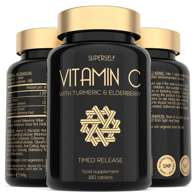 Vitamin C 1000mg Tablets High Strength - Slow Release Formula with Elderberry & Turmeric - 180 Tablets 6-Month Supply - Vegan Vit C Supplement - Plant-Based Immune System Support Complex - UK Made - NewNest Australia
