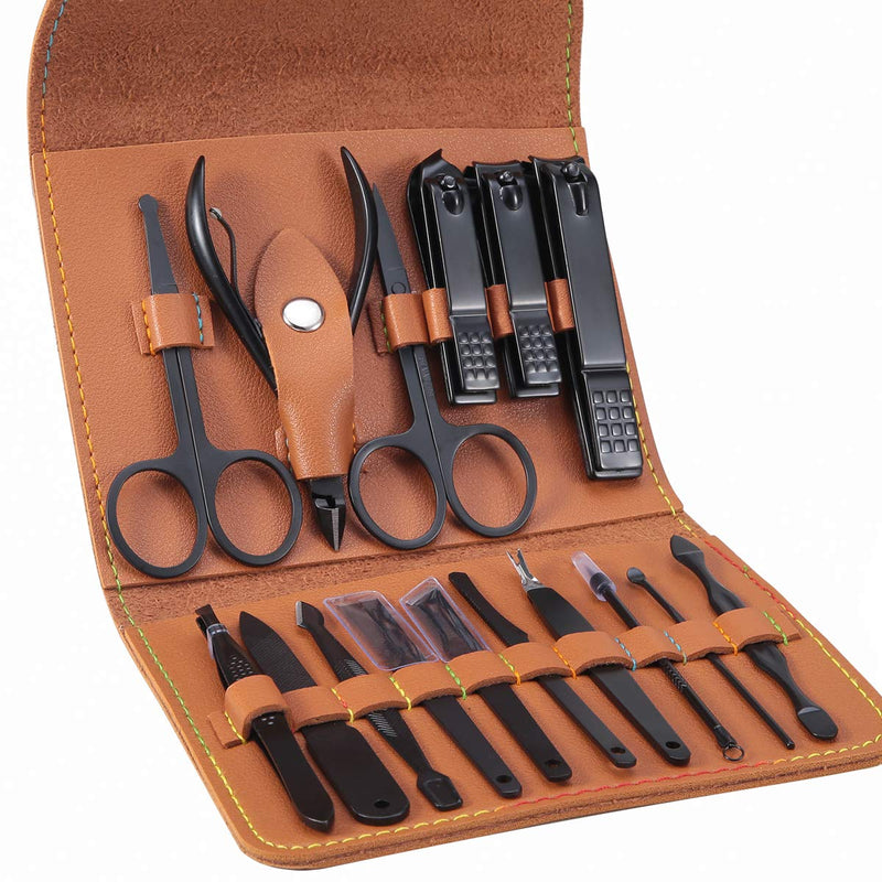 Leipple Manicure Set Professional Nail Clipper Kit Pedicure Kit - 16 pcs Stainless Steel Grooming Kit - Nail Care Tools with Luxurious Leather Travel Case (Brown) Brown - NewNest Australia