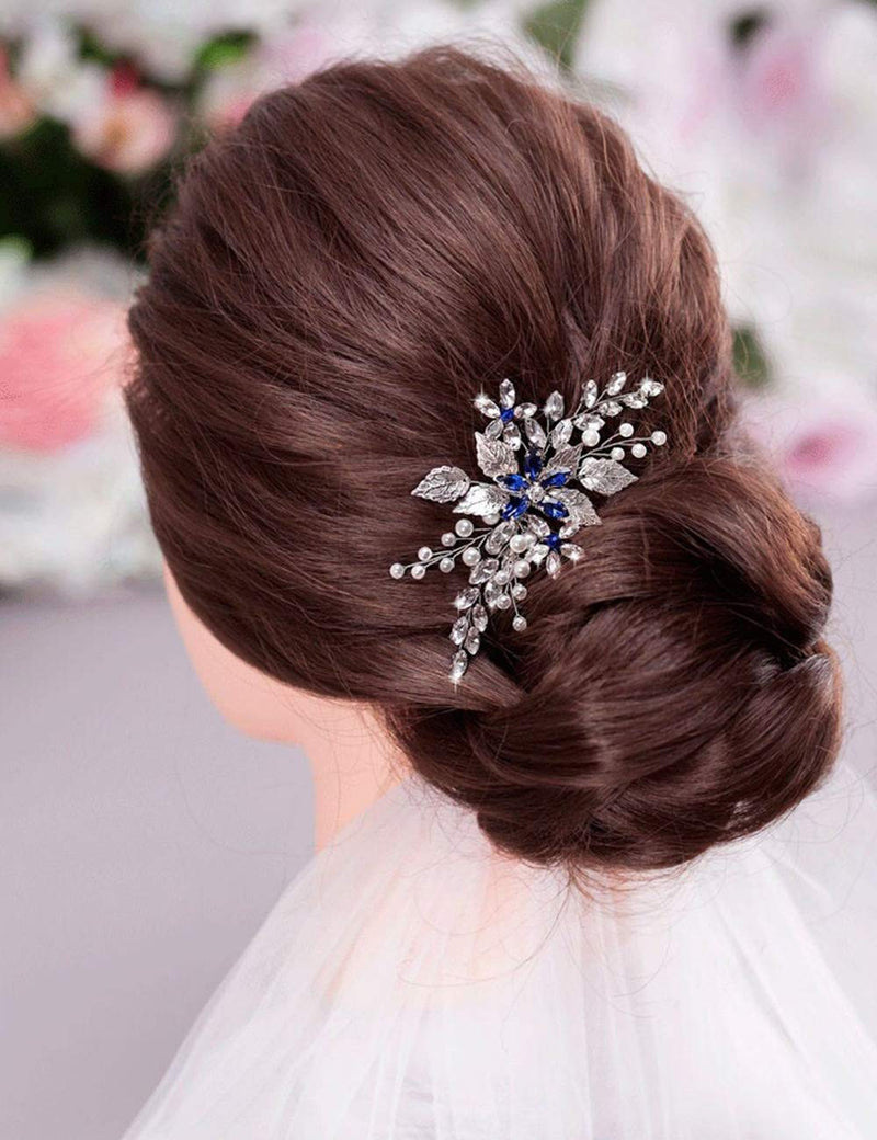 Anglacesmade Bridal Sapphire Crystal Hair Comb Pearl Blue Crystal Leaf Marquise Hair Piece Prom Party Festival Wedding Hair Accessories for Women and Girls (Gold) Gold - NewNest Australia