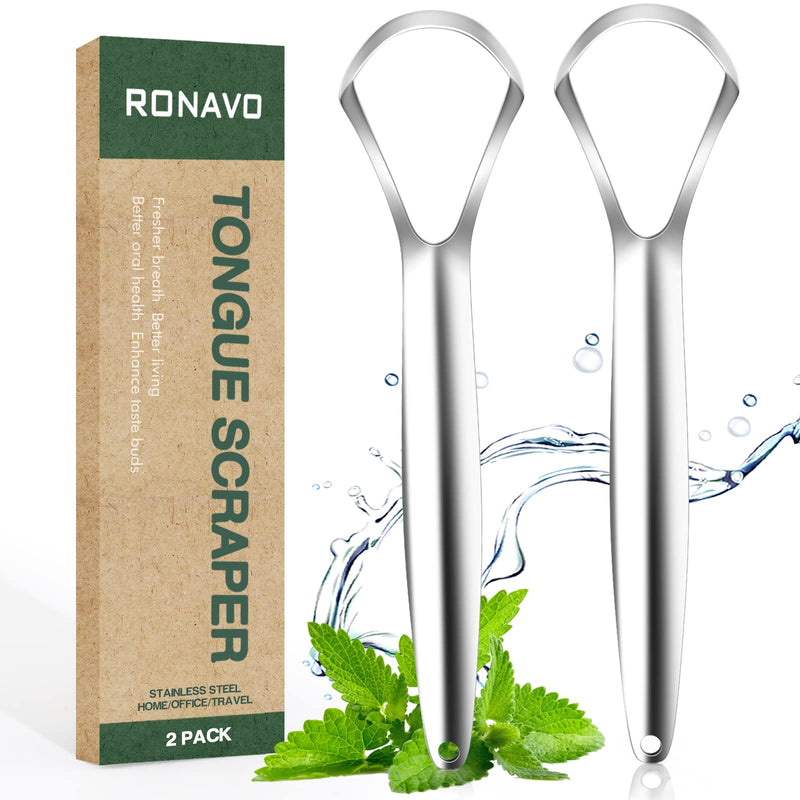RONAVO Tongue Scraper with Travel Case, 2 Pack Tongue Cleaner for Oral Hygiene and Fresh Breath, 100% Stainless Steel Tongue Scrapers for Adults, Dentist Approved, Easy to Use and Clean Wider Tongue Scraper(silver) - NewNest Australia