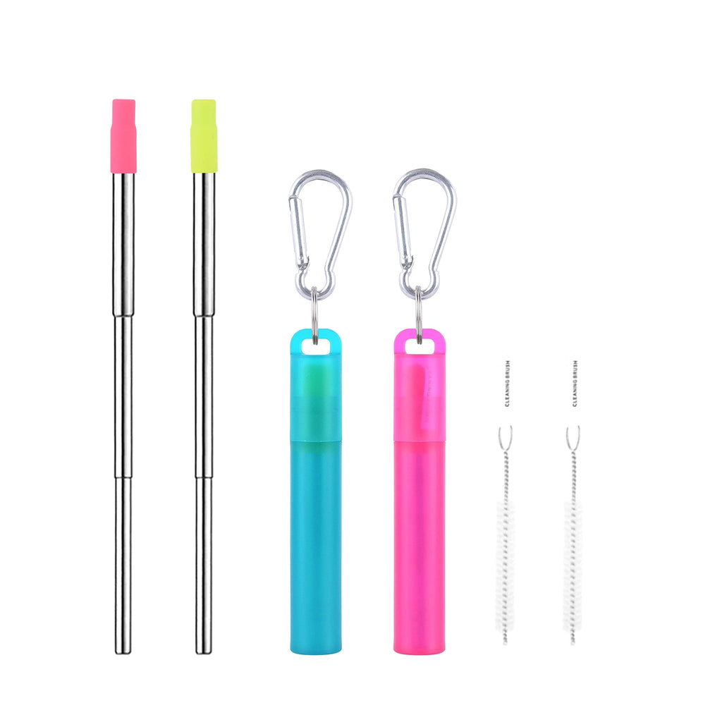 WOLFTEETH 2 Pack Reusable Telescopic Metal Straws with Food Grade Silicone Tip, Collapsible Stainless Steel Folding Drinking Straws with Portable Plastic Case & Cleaning Brush, Green & Rose 502603 - NewNest Australia