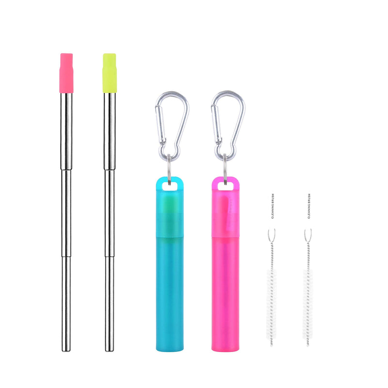 WOLFTEETH 2 Pack Reusable Telescopic Metal Straws with Food Grade Silicone Tip, Collapsible Stainless Steel Folding Drinking Straws with Portable Plastic Case & Cleaning Brush, Green & Rose 502603 - NewNest Australia