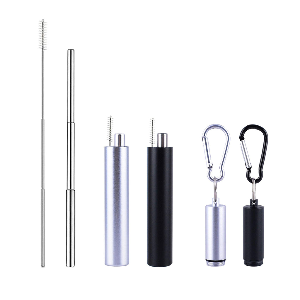 WOLFTEETH 2 Pack Reusable Telescopic Metal Straws, Collapsible Stainless Steel Folding Drinking Straw with Portable Metal Case,, Telescopic Cleaning Brush, Black & Silver 502501 - NewNest Australia