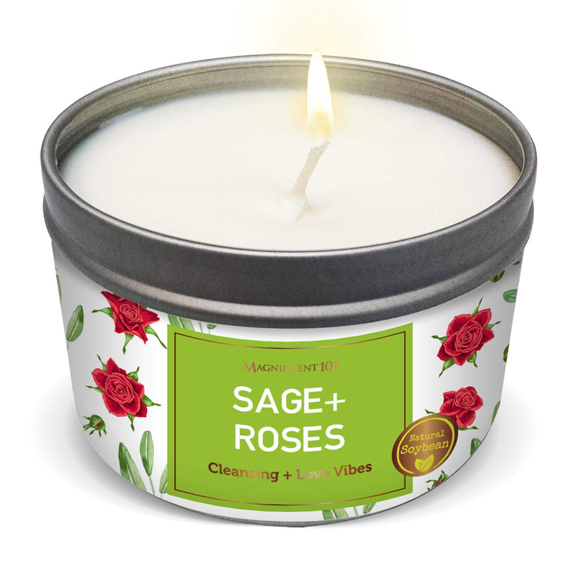 MAGNIFICENT 101 SAGE + Roses Aromatherapy Candle for House Energy Cleansing, Banishes Negative Energy I Purification and Chakra Healing - Natural Soy Wax Tin Candle for Aromatherapy 6oz Sage+ Roses - NewNest Australia